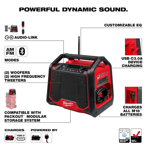 Milwaukee 2956-20 M18 Bluetooth Radio feature overview highlighting premium sound quality, Bluetooth connectivity, integrated charger, USB charging, and jobsite durability.