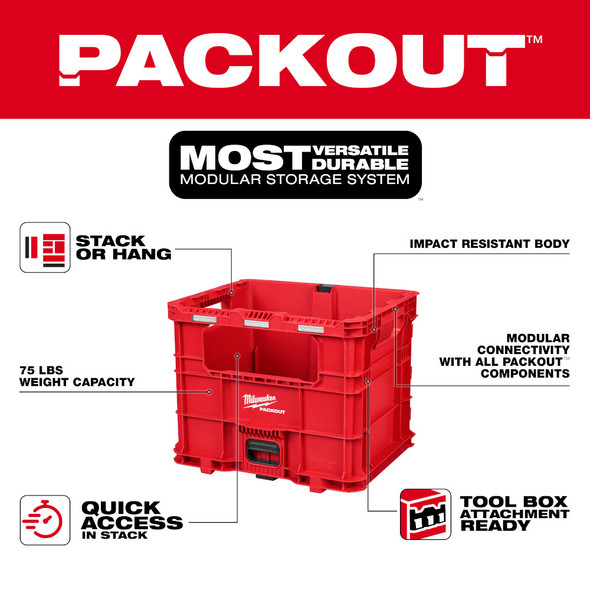 Milwaukee 48-22-8439 PACKOUT Crate XL feature overview highlighting durable construction, modular PACKOUT integration, and large storage capacity.