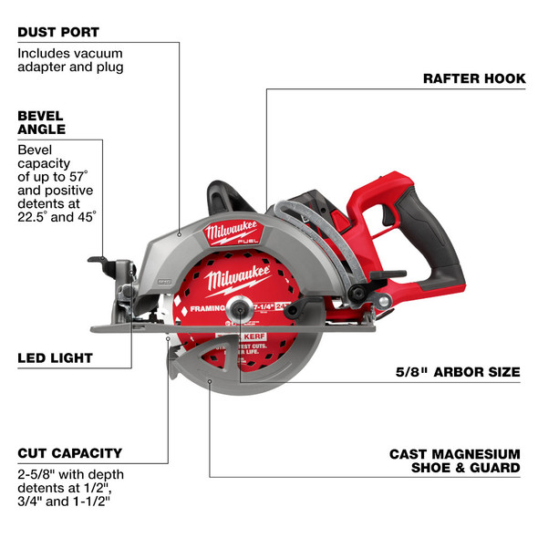 Milwaukee 2930-21HD rear handle circular saw specifications and key performance features for professional framing and construction applications.