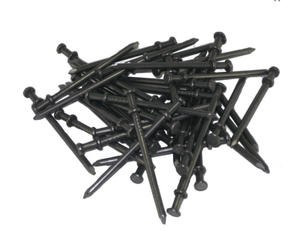 Black concrete masonry nails for fastening wood, metal, and fixtures to concrete, block, and masonry surfaces.