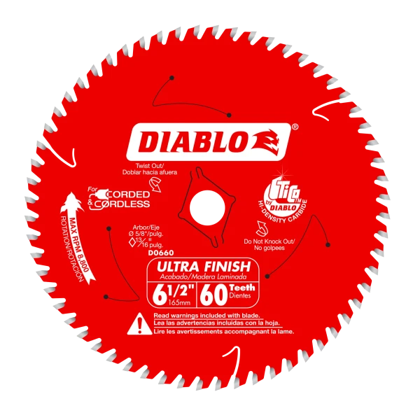 Diablo D0660A 6-1/2-inch 60-tooth ultra finish circular saw blade for smooth, splinter-free cuts in plywood, hardwood, softwood, and trim materials.