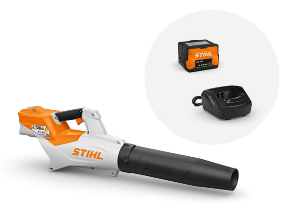STIHL BGA 57 cordless blower set with AK 20 battery and charger, designed for lightweight leaf removal, driveway cleanup, and garden maintenance.