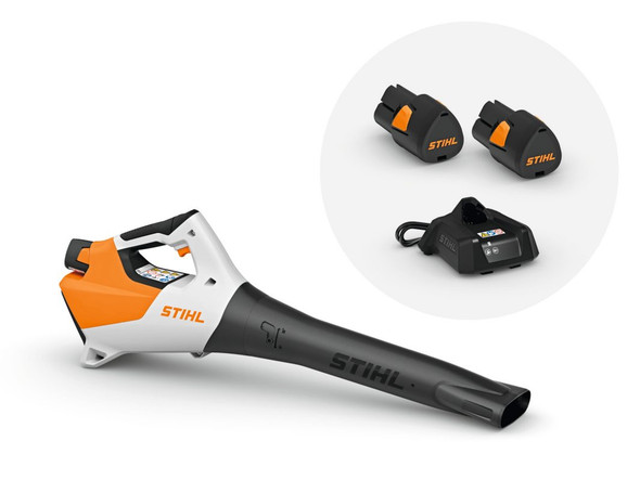 STIHL BGA 30 cordless blower set with two AS 2 batteries and charger, designed for lightweight leaf clearing, garden cleanup, and residential outdoor maintenance.