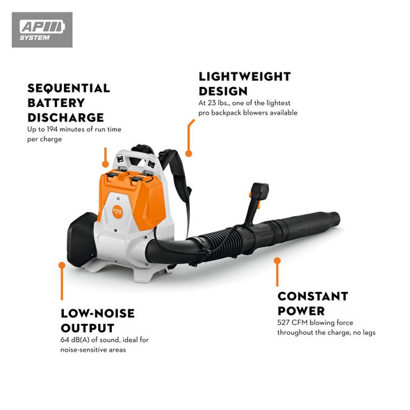 STIHL BA110115901 cordless backpack blower featuring lightweight design, low-noise operation, constant power output, and sequential battery discharge technology.