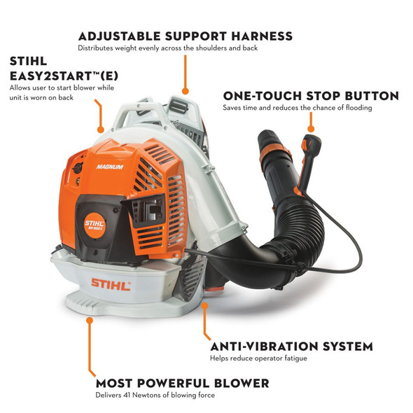STIHL BR 800 C-E backpack blower highlighting Easy2Start system, adjustable support harness, anti-vibration technology, one-touch stop button, and 41 Newton blowing force.