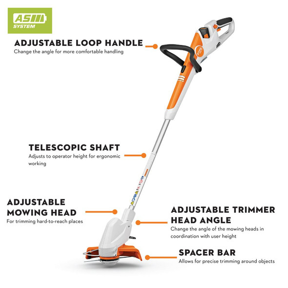 STIHL FSA 30-1S cordless trimmer set featuring adjustable loop handle, telescopic shaft, adjustable mowing head, adjustable trimmer head angle, and spacer bar for precise lawn edging.