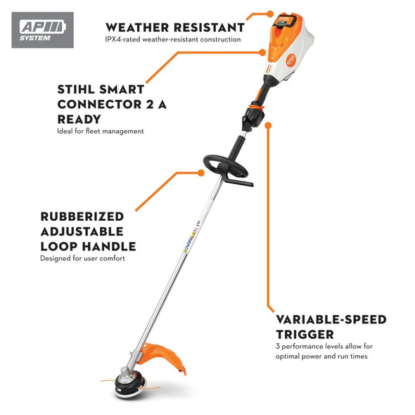 STIHL FSA 135 R cordless loop handle brushcutter featuring weather-resistant IPX4 construction, Smart Connector 2 A compatibility, adjustable loop handle, and variable-speed trigger.