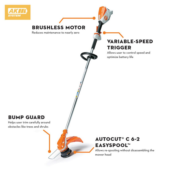 STIHL FSA 60 S 36V AK System cordless string trimmer featuring brushless motor, variable-speed trigger, bump guard, and AutoCut C 6-2 EasySpool trimmer head.