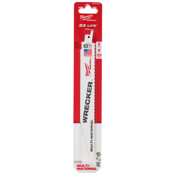 Milwaukee 48-00-5706 WRECKER 9 in. 7/11 TPI bi-metal SAWZALL blade 5-pack for demolition and multi-material cutting applications.