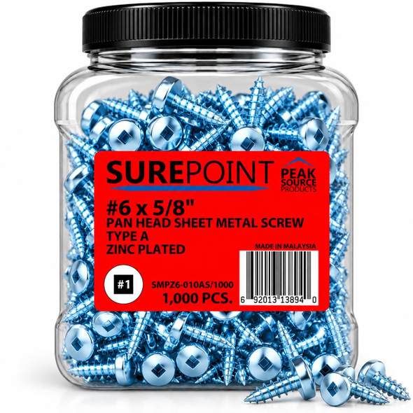 #6 x 5/8" Pan Head Sheet Metal Screws, Type A, Zinc Plated, #2 Square Drive, 1,000-Pack Jug