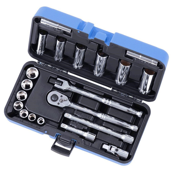 JET 600229 21-piece 3/8-inch drive SAE 6-point socket wrench set organized in its blue storage case.