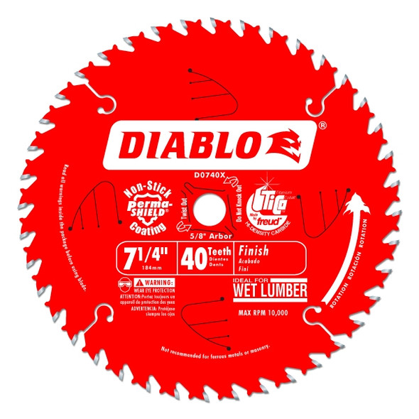 Diablo D0740A 7-1/4” 40-Tooth Finishing Saw Blade showing the red Perma-SHIELD coating.
