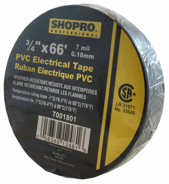 Shopro T001801 PVC Electrical Tape 3/4" x 66' - Black