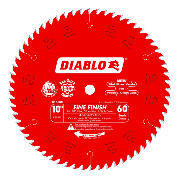 Diablo D1060X 10-inch 60-tooth fine finish saw blade with TiCo Hi-Density carbide teeth for ultra-smooth crosscuts and finish-quality cuts in wood.