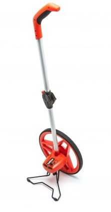 Crescent Lufkin PSMW48NM 12-inch Metric Measuring Wheel with orange spoked wheel and telescoping handle.