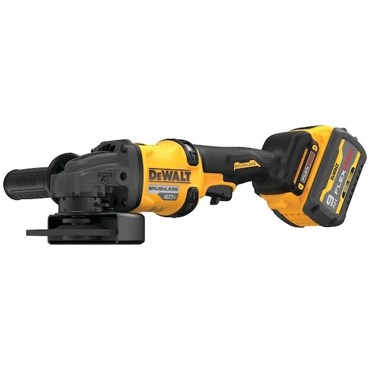 DeWalt DCG418X1 FLEXVOLT 60V MAX cordless grinder kit front view with battery and grinder.