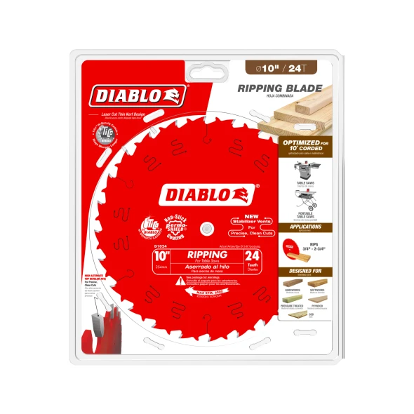 Diablo D1024X 10 in. 24-Tooth ripping saw blade in retail packaging for table saws and portable table saws, optimized for fast, clean wood cutting.