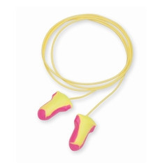 Howard Leight LL-30 Laser Lite Corded Earplugs in vibrant magenta and yellow.