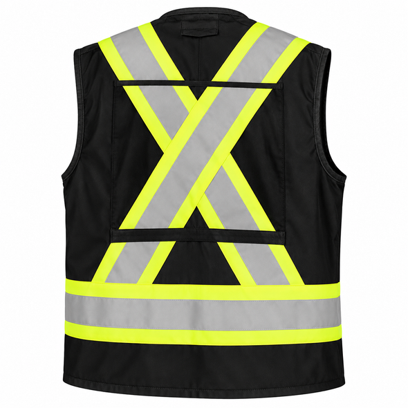Back view of Pioneer 694BK CSA Surveyor's/Supervisor's Vest in black with high-visibility reflective X striping.