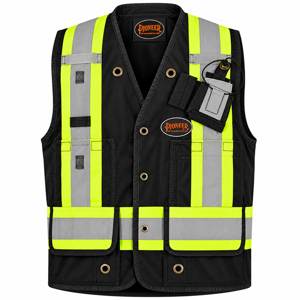 Pioneer 694BK CSA surveyor's and supervisor's safety vest in black with high-visibility reflective striping and utility pockets.