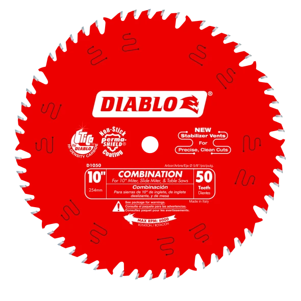 Diablo D1050X 10-inch 50-tooth combination saw blade featuring TiCo Hi-Density carbide teeth for smooth crosscuts and efficient rip cuts in wood.