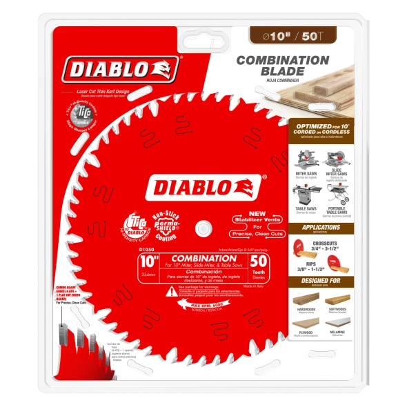 Diablo D1050X 10-inch 50-tooth combination saw blade in retail packaging designed for miter saws, slide miter saws, and table saws.