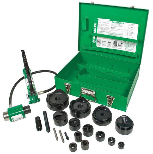 Greenlee 7310SB Hydraulic Knockout Kit with 11-ton ram, 767 hand pump, and 1/2-inch to 4-inch punches.