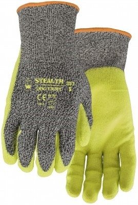 Watson 357 Dog Fight orange knit work gloves with black crinkle latex palm coating.