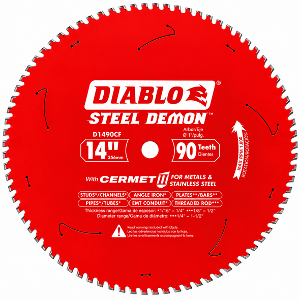 Diablo D1490CF 14-inch 90-tooth Steel Demon Cermet II metal cutting saw blade for metal and stainless steel.