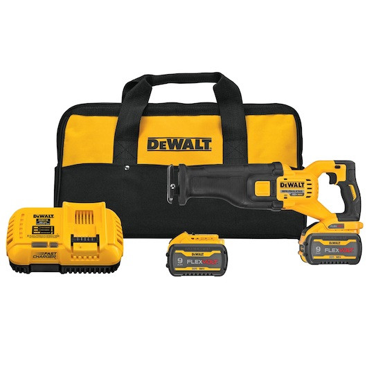 DEWALT DCS389X2 60V MAX FLEXVOLT Brushless Reciprocating Saw Kit with two 9.0Ah batteries, fast charger, and contractor bag