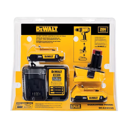 DEWALT DCA2203C 20V MAX Battery Adapter Kit for 18V Tools, allowing 20V MAX batteries to power compatible DEWALT 18V cordless tools.