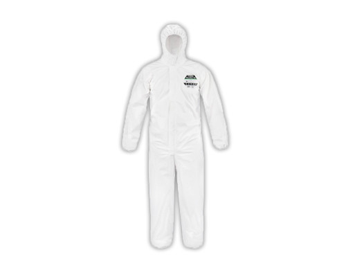 Lakeland MicroMax NS individually packaged white coveralls shown in a sealed clear bag.