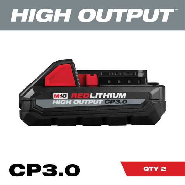 Milwaukee 48-11-1837 M18 HIGH OUTPUT CP3.0 Battery 2-Pack showing the fuel gauge and rugged housing.