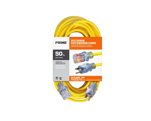 Prime 50ft 12/3 SJTW Heavy-Duty Extension Cord in high-visibility yellow with oversized plugs