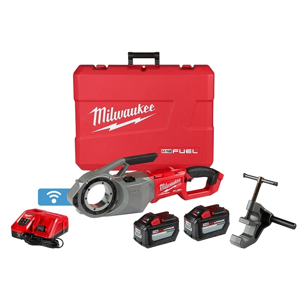 Milwaukee 2874-22HD M18 FUEL pipe threader kit with batteries, charger, support arm, and hard carrying case.