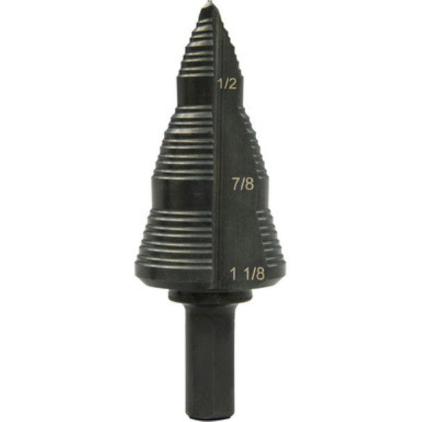 Greenlee GSB09 multi-hole step bit with hole sizes from 1 inch to 1-1/8 inches for drilling and enlarging holes in sheet metal and electrical panels.