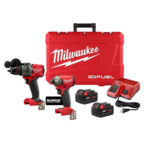 The MILWAUKEE M18 FUEL 2-Tool Combo Kit has the Most Powerful Drill, including AutoStop Control Mode for enhanced safety and the quietest fastening solution on the market. Includes an M18 FUEL 1/2" Hammer Drill, M18 FUEL SURGE 1/4" Hex Hydraulic Driver, (2) M18 REDLITHIUM XC 5.0Ah Battery Pack, with an M18/M12 charger and carrying case. The M18 FUEL ½” Drill Driver is the Industry's Most Powerful Drill and Most Compact solution. The POWERSTATE Brushless motor delivers the most power under load to complete 2-9/16" Self-Feed holes in dense materials for increased productivity and capability. At only 6.9” in length, this is the most compact drill in its class. The AutoStop Control Mode offers enhanced safety for the user by preventing over-rotation in a bind-up with the best reaction time in the industry. With Milwaukee's new FLUID-DRIVE Hydraulic Powertrain, users will experience up to 50% quieter operation, 3X less vibration for smoother operation, and faster driving speeds compared to standard impacts. The POWERSTATE Brushless Motor delivers up to 0-3,000 RPM with constant power output to drive screws faster. REDLINK PLUS Intelligence is the most advanced electronic system on the market, preventing damage to the tool and battery caused by overloading or overheating. Milwaukee M18 FUEL 2-Tool Combo kit is part of the M18 system which is fully compatible with over 200+ solutions.