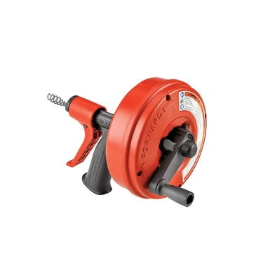 RIDGID 57043 POWER SPIN+ drain cleaner with AUTOFEED technology and hand-crank operation for clearing sink, shower, and tub drain clogs.