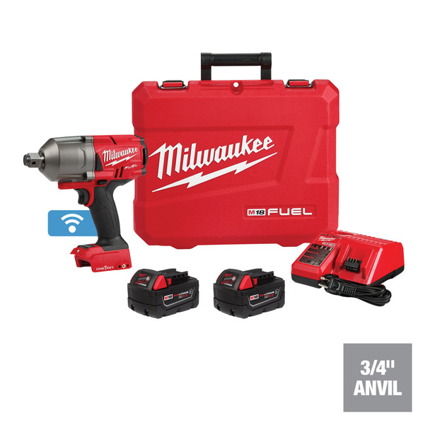 Milwaukee 2864-22R M18 FUEL 3/4 inch High Torque Impact Wrench Kit with two XC5.0 Resistant Batteries.