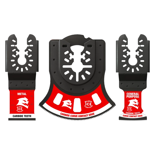 Diablo DOU3CS universal fit carbide oscillating blade set with 3 carbide-tipped blades for general purpose cutting, metal cutting, and plunge-cut applications.