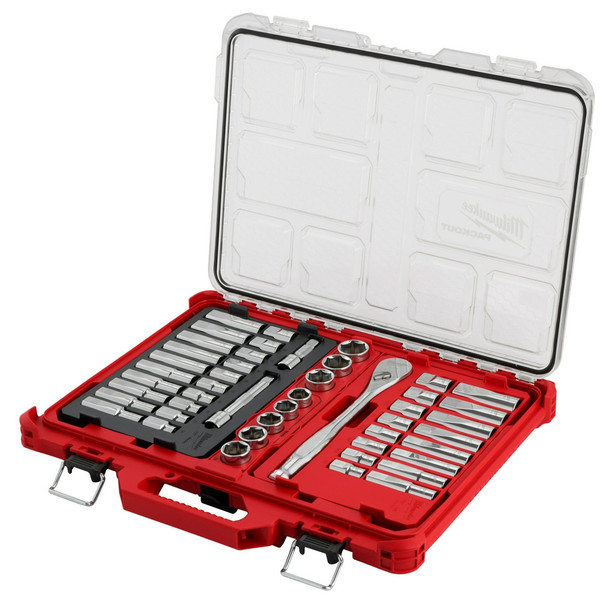 Milwaukee 48-22-9487 1/2 inch drive ratchet and socket set stored in PACKOUT low-profile organizer.