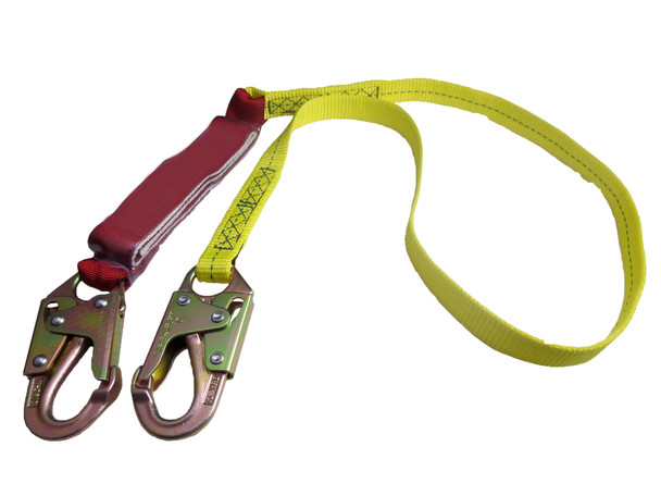 Dentec 16LSL911601 6-foot single leg safety lanyard with external shock pack and steel snap hooks.