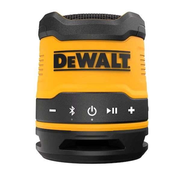 DEWALT DCR008 rechargeable mini Bluetooth speaker with rugged jobsite-ready design, compact portable size, and USB-C rechargeable battery.