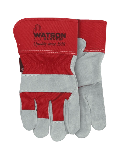 Watson 104 MEAN MOTHER cowhide leather work gloves with reinforced grey leather palms and red fabric backs.