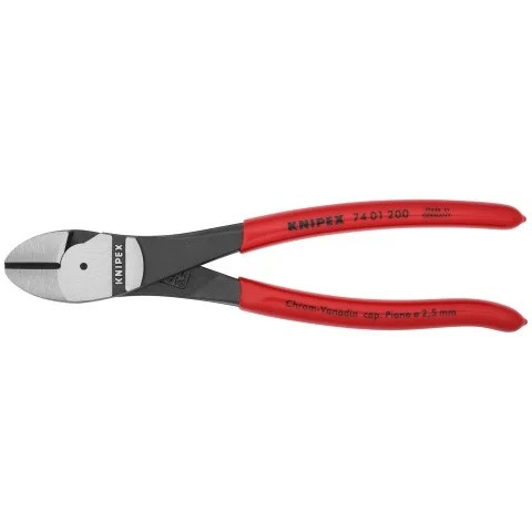 Knipex 74 01 200 8-inch High Leverage Diagonal Cutters featuring a black atramentized finish and red non-slip plastic coated handles.