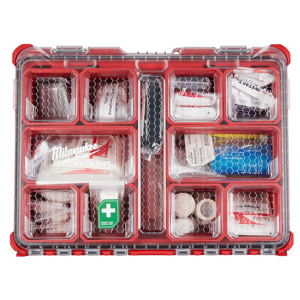 Milwaukee 48-73-8430N PACKOUT 204-Piece First Aid Kit showing the organized interior and clear lid.