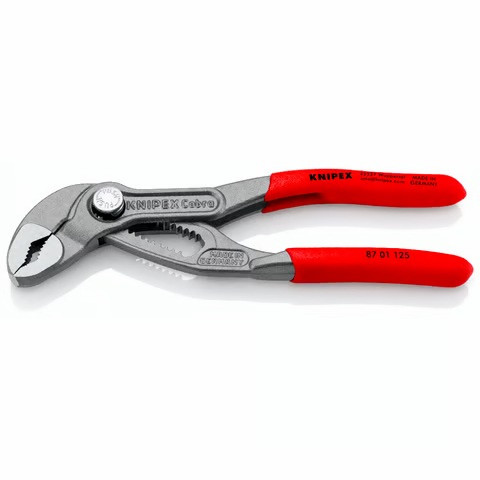 Knipex 8701125 5-inch (125mm) Cobra Water Pump Pliers featuring push-button adjustment, self-locking jaws, and high-grip performance for plumbing, mechanical, and precision repair tasks.