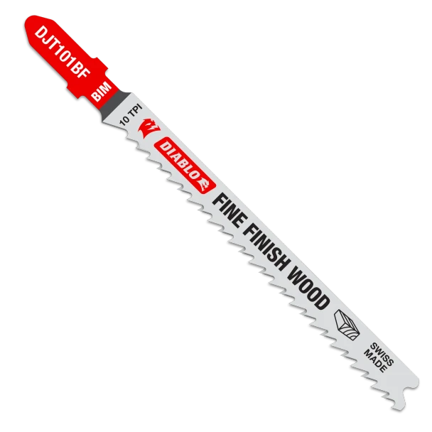 Diablo DJT101BF5 4-inch 10 TPI bi-metal T-shank jig saw blade for fine finish wood cutting, designed for smooth and precise cuts in hardwoods and softwoods.