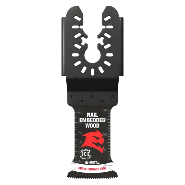 Diablo DOU125BW3 1-1/4 inch universal fit bi-metal oscillating blade for cutting nail-embedded wood with Curve Contact Edge and Black I.C.E. coating.