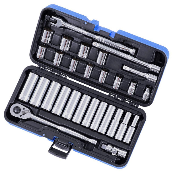 JET 600234 30-piece 3/8-inch drive metric 6-point socket wrench set organized in its heavy-duty blue storage case.